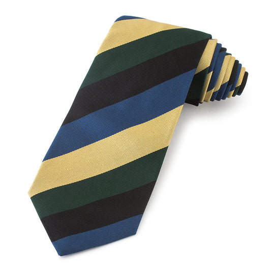 A deep navy blue three-fold silk reppe tie with a subtle textured pattern worn on a white shirt by Benson & Clegg.