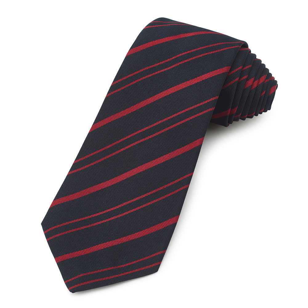 A deep navy blue three-fold silk reppe tie with gold trim, displayed flat on a white background, by Benson & Clegg.