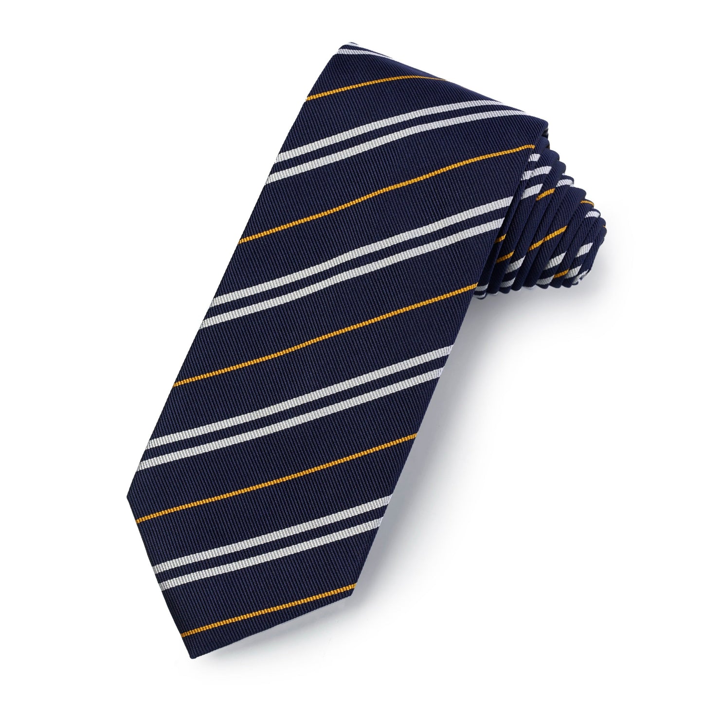 A dark blue three-fold silk reppe tie with gold embroidery, displayed flat on a white background, by Benson & Clegg.