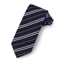 A dark blue three-fold silk reppe tie with gold embroidery, displayed flat on a white background, by Benson & Clegg.