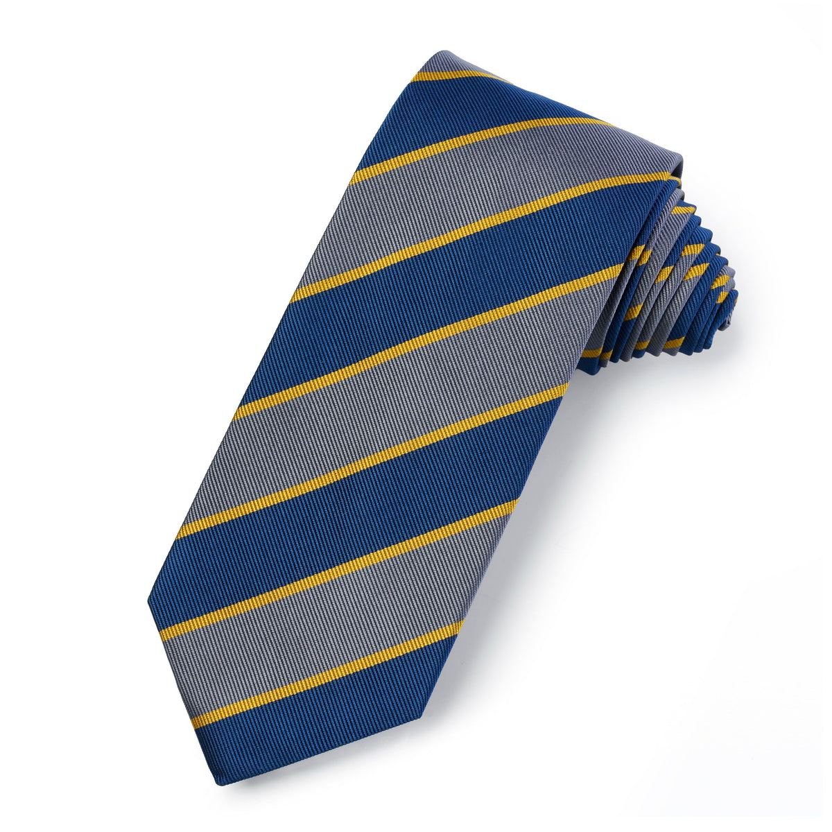 A three-fold silk reppe tie in navy blue with gold trim, displayed flat on a white background, by Benson & Clegg.