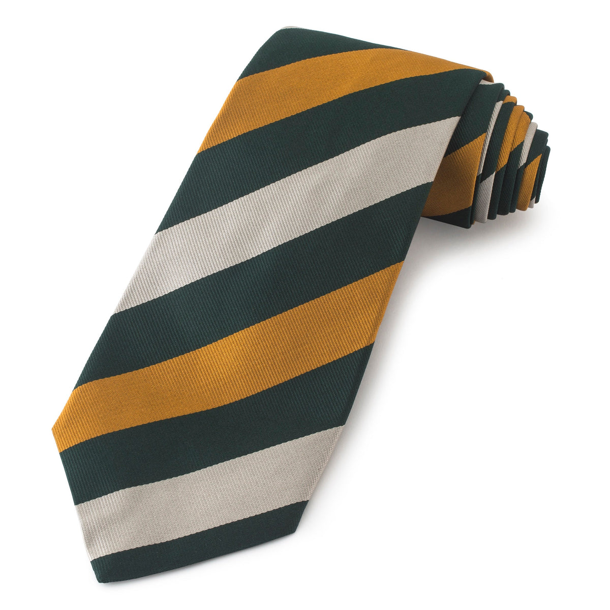 Royal Yeomanry three-fold silk reppe tie in deep navy blue with subtle pattern, shown folded and displayed on a wooden stand 