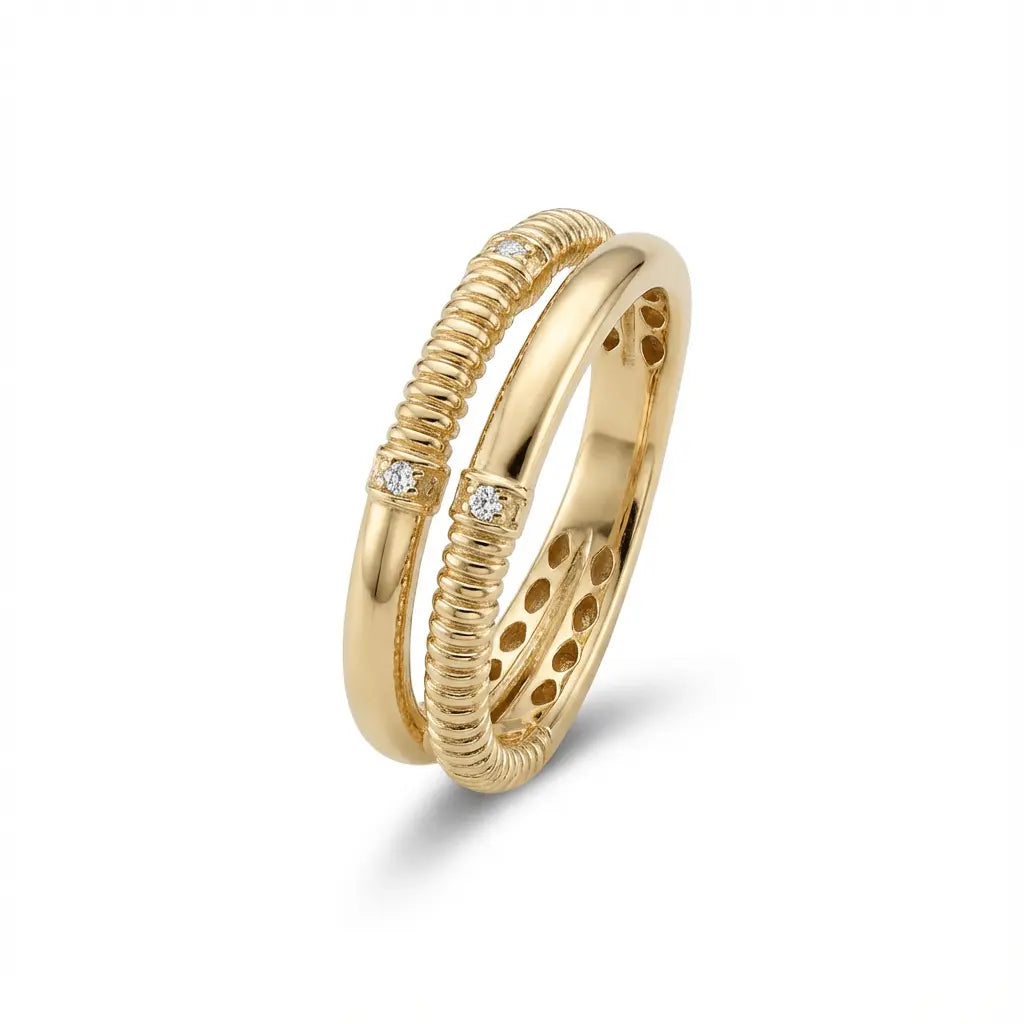 A textured solid gold wedding ring in 14ct gold with a unique dual design by Majestic Jewellery.