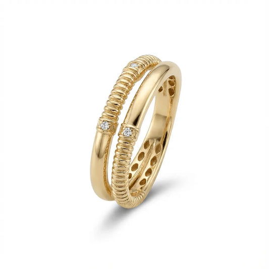 A textured solid gold wedding ring in 14ct gold with a unique dual design by Majestic Jewellery.