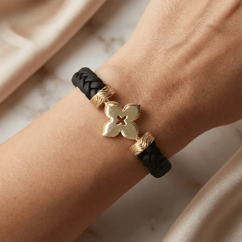 14ct/14K Gold Detail Bracelet – Textured Clover Braided Majestic Jewellery