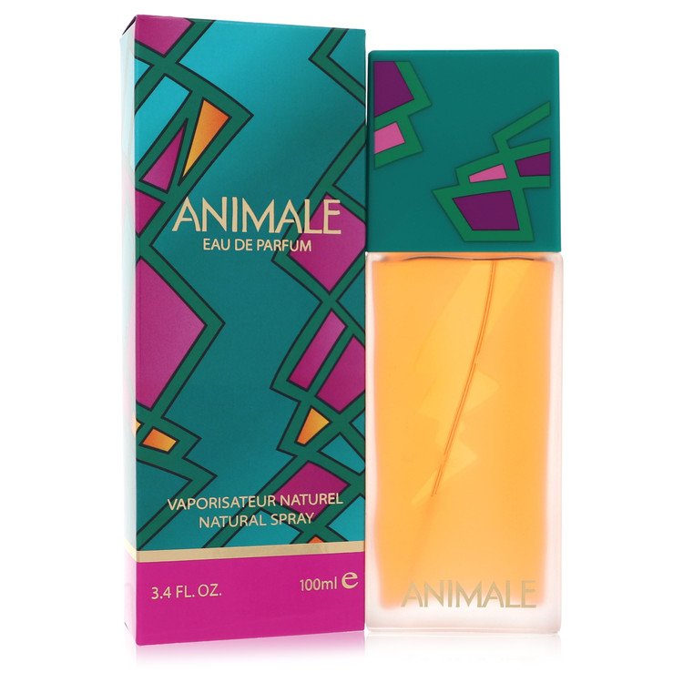 A clear glass perfume bottle with a gold cap and minimalist label, displayed on a white surface, labeled "Animale Eau De Parf