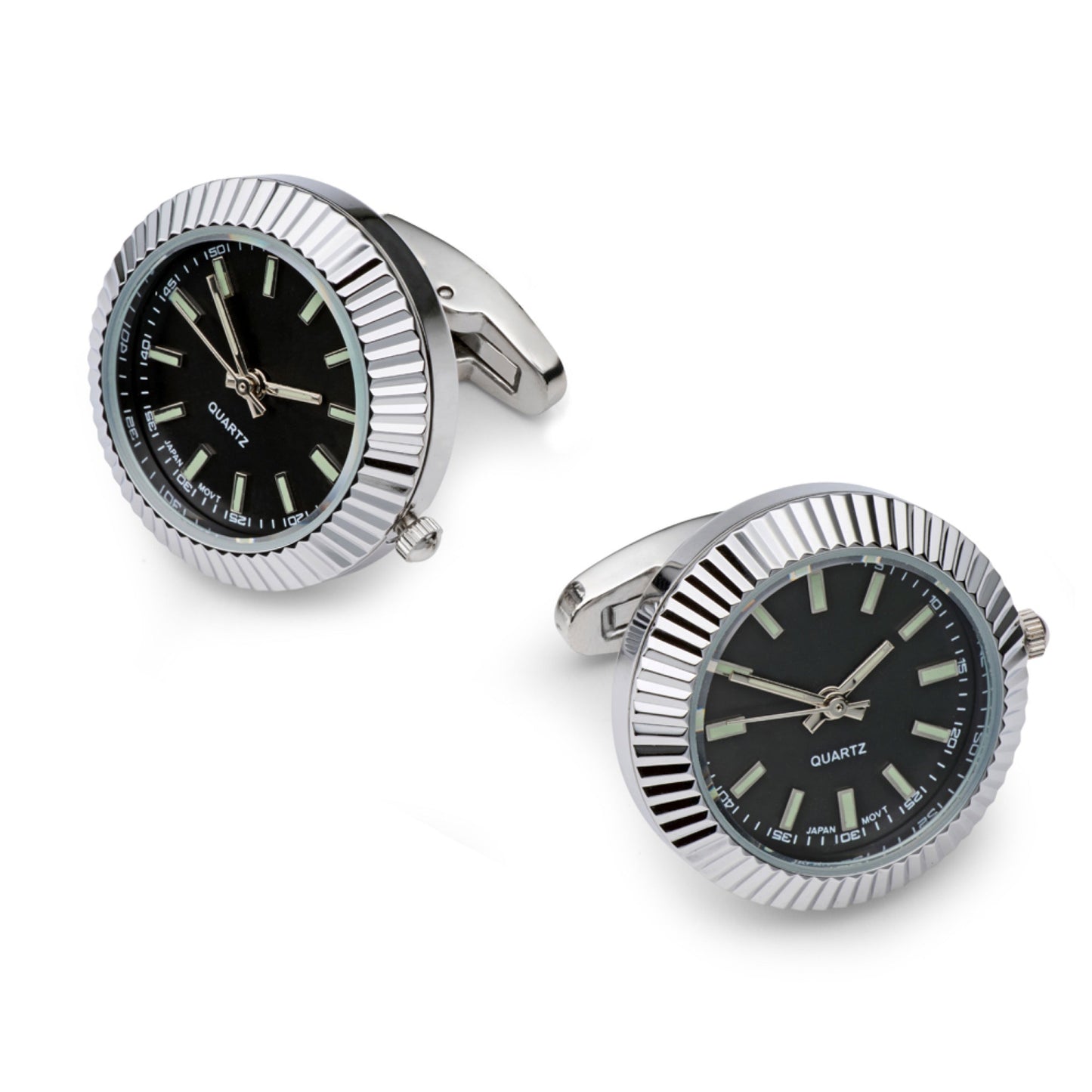 Silver and black working watch cufflinks in a polished metal finish by Benson & Clegg