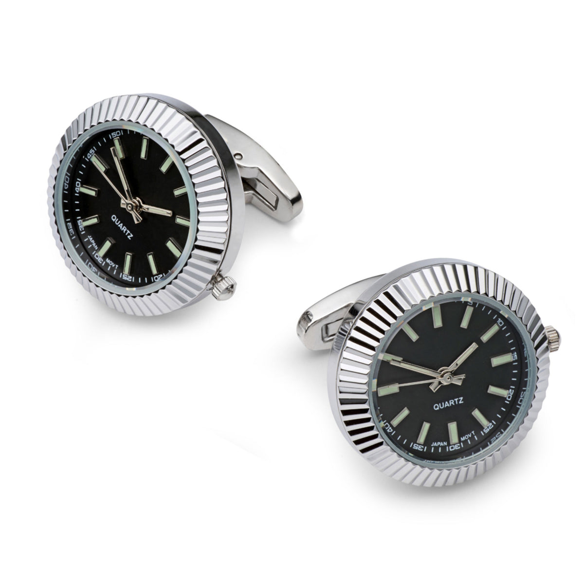 Silver and black working watch cufflinks in a polished metal finish by Benson & Clegg