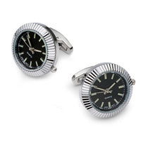 Silver and black working watch cufflinks in a polished metal finish by Benson & Clegg