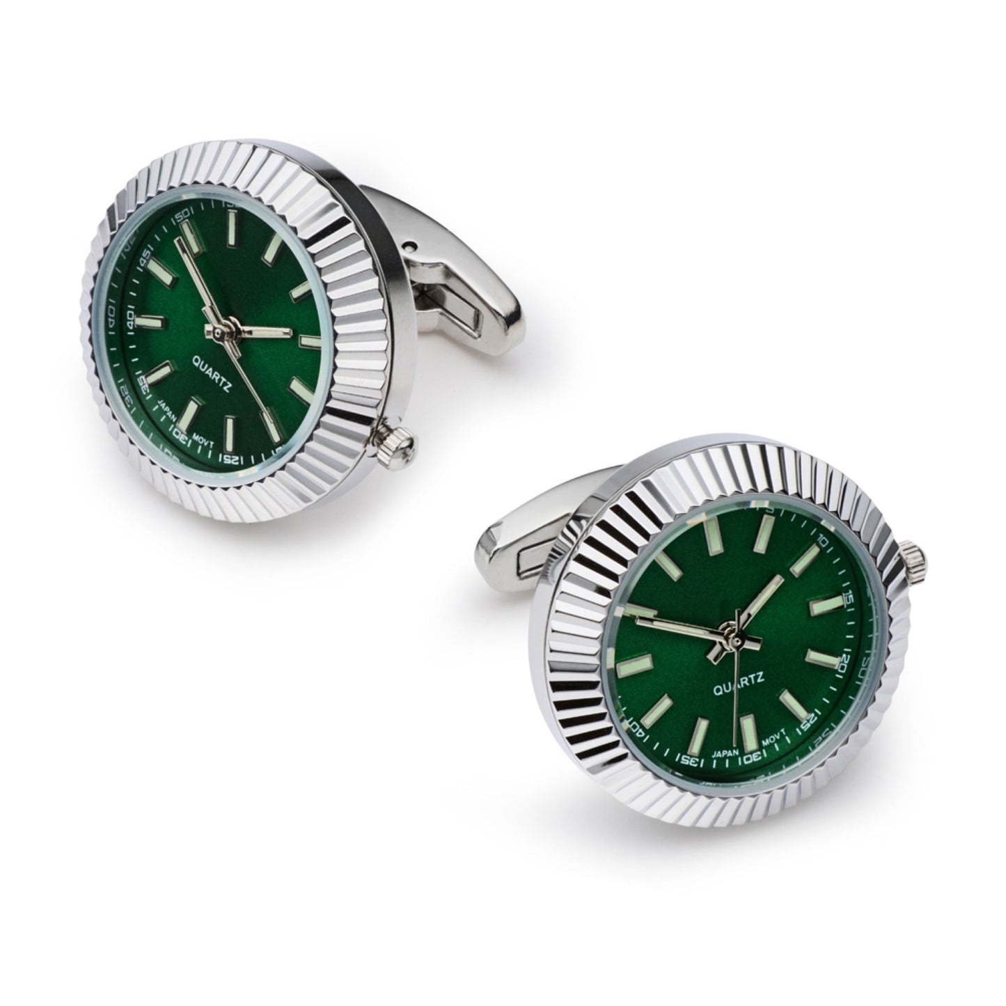 Working Watch Cufflinks In Silver and Green Benson & Clegg