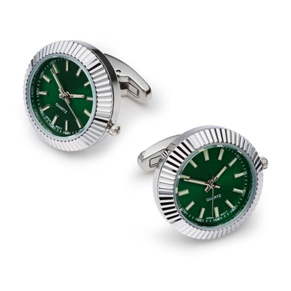 Working Watch Cufflinks In Silver and Green Benson & Clegg