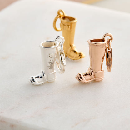 Silver welly boot with personalized charm and engraved details by Scarlett Jewellery.