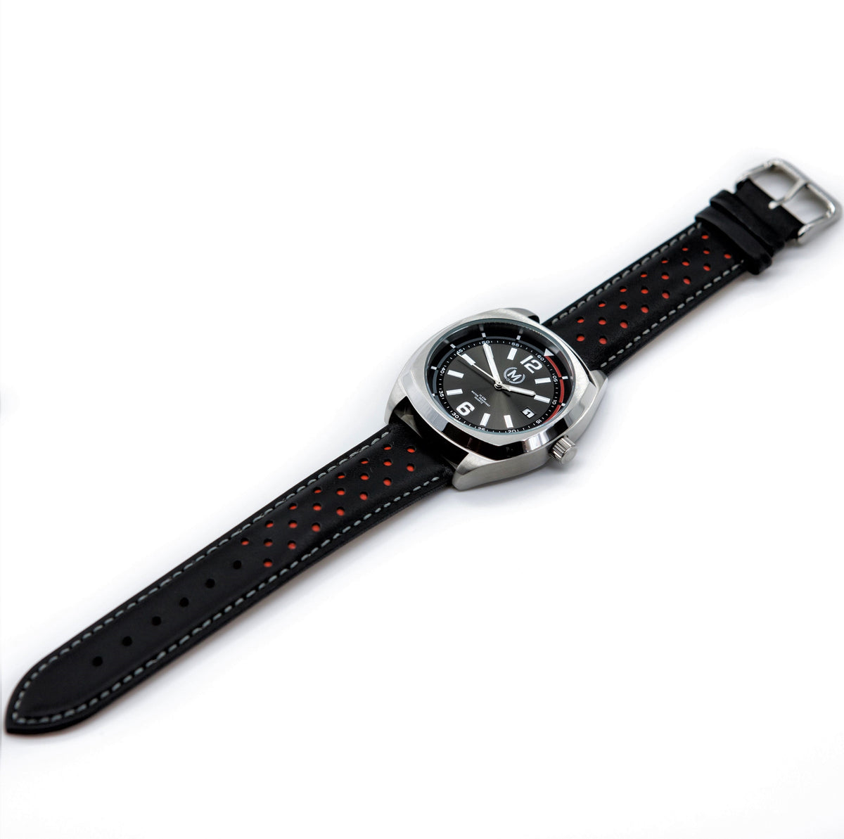 Black And Red Leather Rally Watch Strap, Silver Buckle - SJR London Timepiece