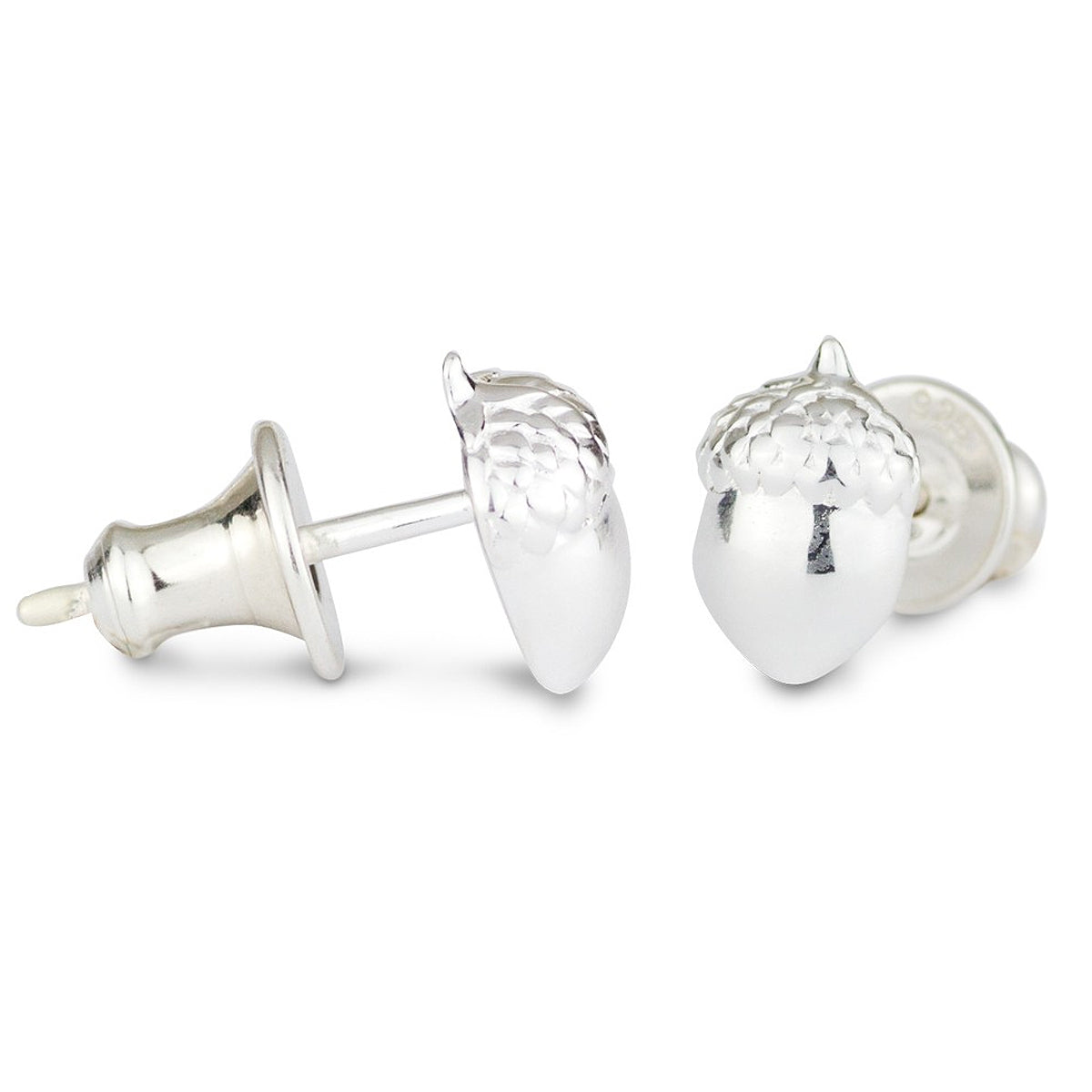 Silver acorn-shaped stud earrings with a polished finish, featuring a delicate design, by Scarlett Jewellery.