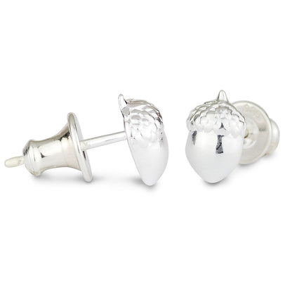 Silver acorn-shaped stud earrings with a polished finish, featuring a delicate design, by Scarlett Jewellery.