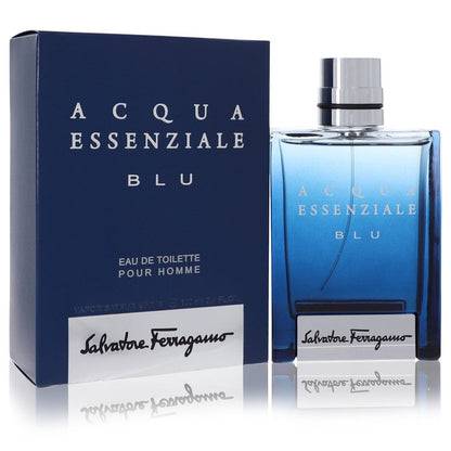 Blue glass bottle of Salvatore Ferragamo Acqua Essenziale Blu Eau De Toilette Spray for Men 3.4 oz/100 ml by The Fragrance Av