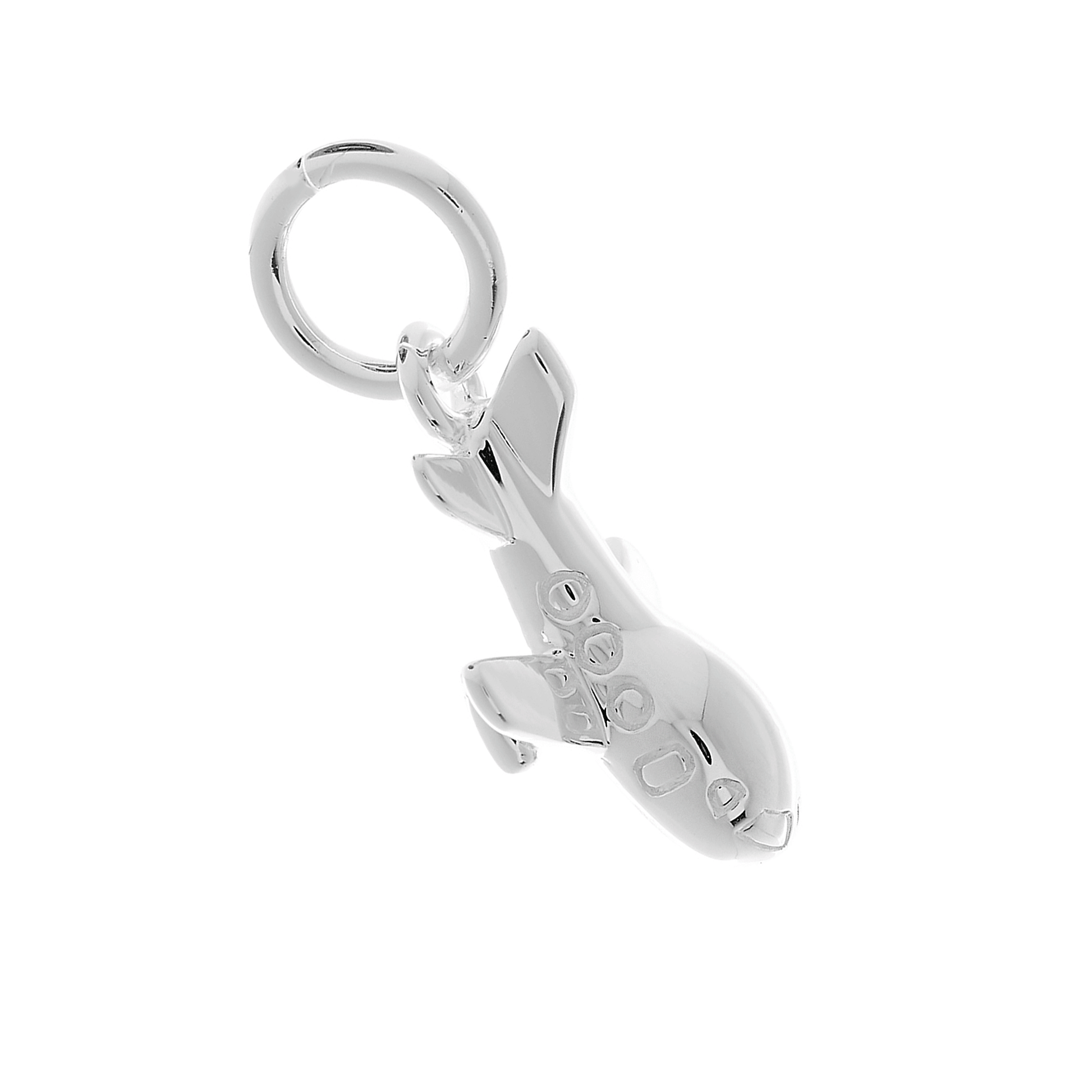 Aeroplane silver charm with intricate detailing, displayed on a soft pink background, by Scarlett Jewellery.