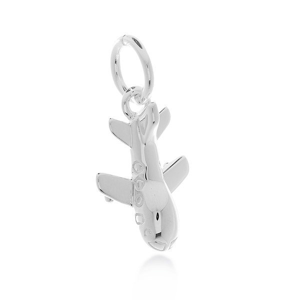 Aeroplane silver charm with intricate detailing, displayed on a white background by Scarlett Jewellery.