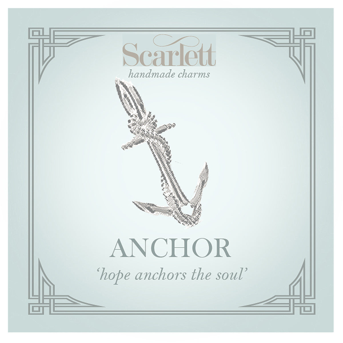 A silver anchor charm with intricate detailing, displayed on a soft white background, by Scarlett Jewellery.