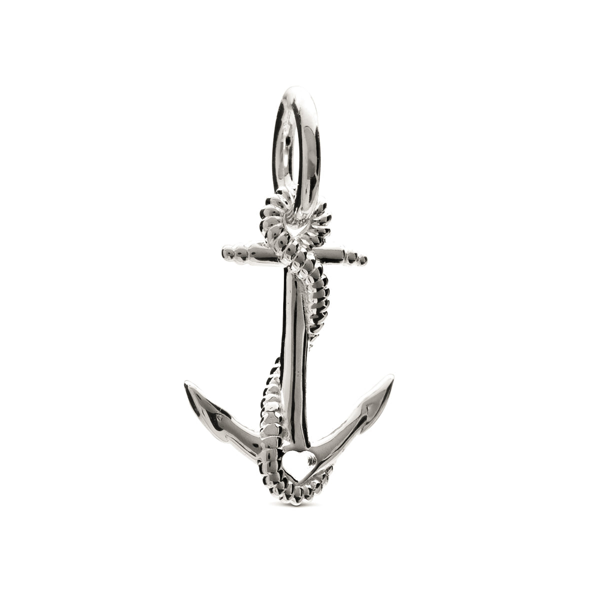 Silver anchor charm with detailed texture, displayed on a white background by Scarlett Jewellery.
