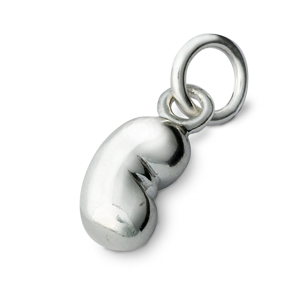 A silver baby bean charm hangs from a chain, detailed and reflective, by Scarlett Jewellery.