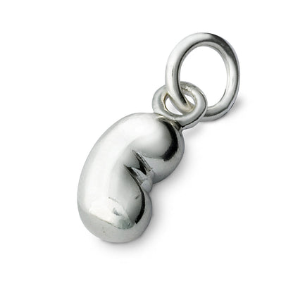 A silver baby bean charm hangs from a chain, detailed and reflective, by Scarlett Jewellery.