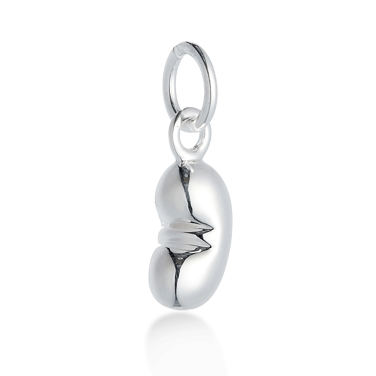 Silver baby bean charm with delicate detailing, displayed on a white background by Scarlett Jewellery.