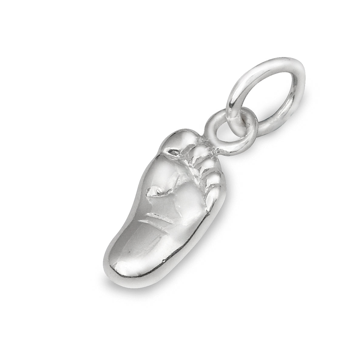 Silver baby charm with personalized engraving, displayed on a soft pink background, by Scarlett Jewellery.