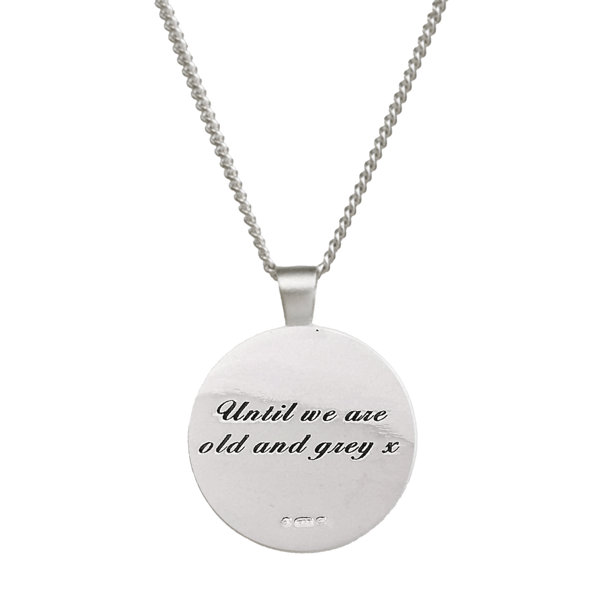 Silver mandala necklace with intricate Aztec design, personalized engraving, and delicate chain by Scarlett Jewellery.