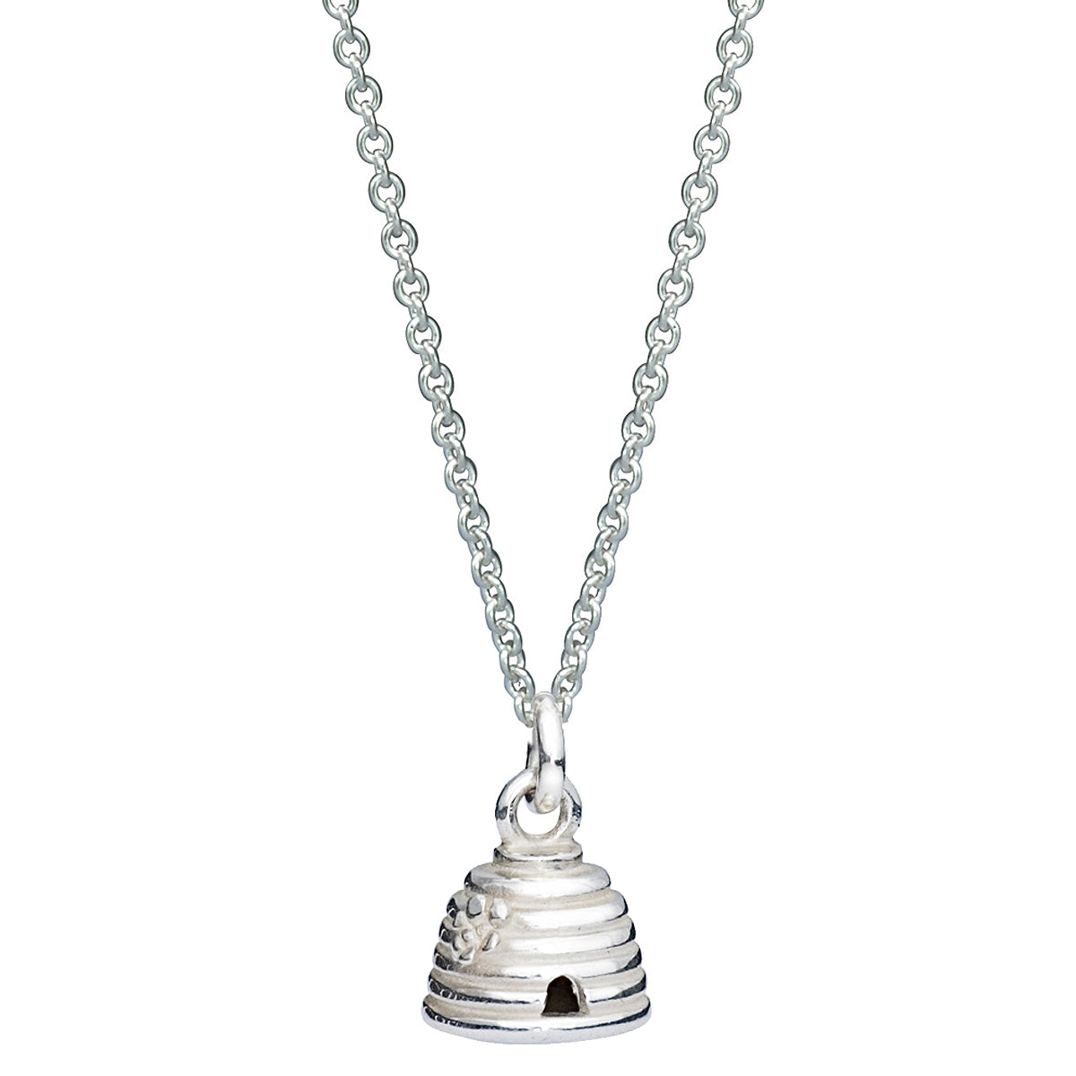 A silver beehive charm with intricate detailing, displayed on a soft pink background, by Scarlett Jewellery.