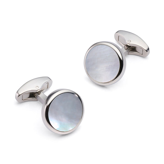 Mother Of Pearl Round Cufflinks In Silver Benson & Clegg