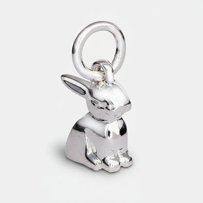 A silver bunny rabbit charm with detailed texture, shown against a soft background, by Scarlett Jewellery.