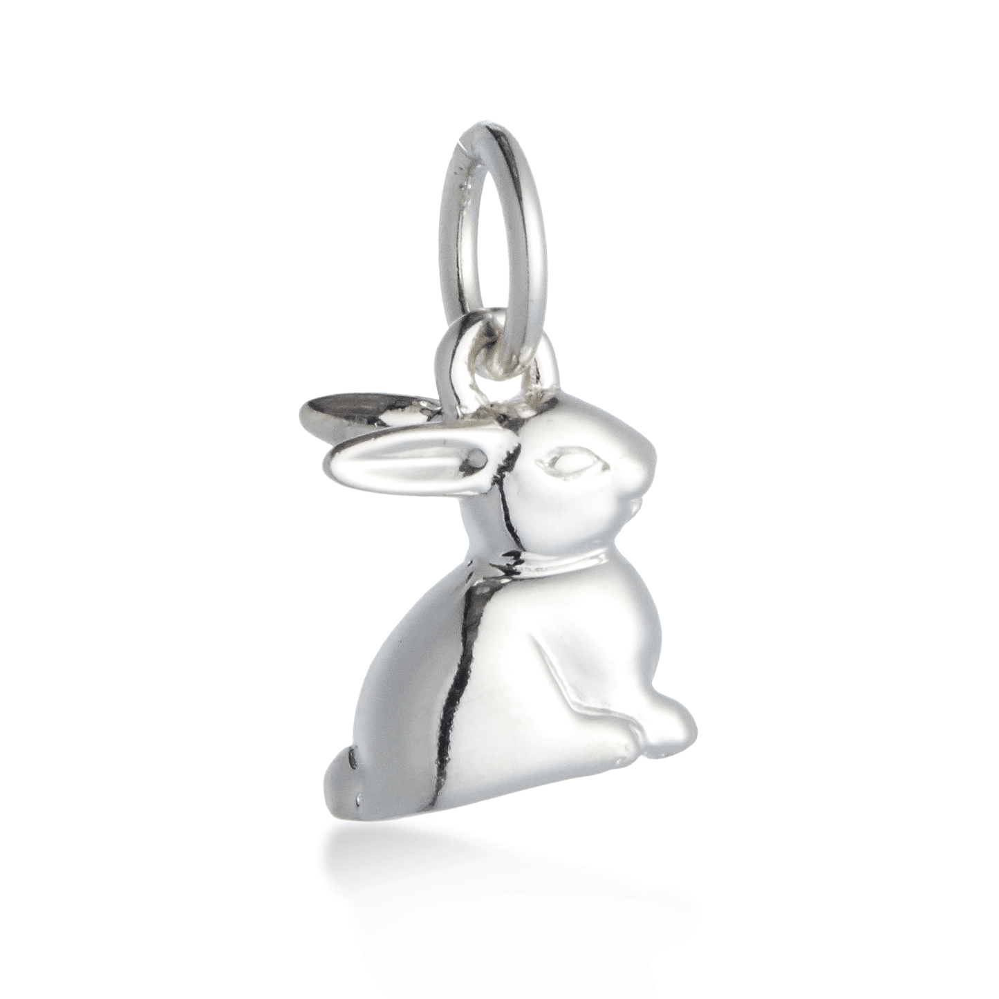 Silver bunny rabbit charm with detailed features, displayed on a soft background, by Scarlett Jewellery.