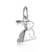 Silver bunny rabbit charm with detailed features, displayed on a soft background, by Scarlett Jewellery.