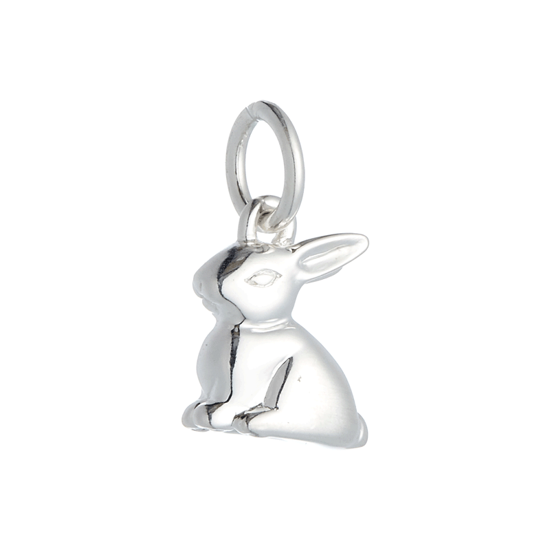 Silver bunny rabbit charm with delicate detailing, displayed on a soft pink background, part of the Scarlett Jewellery charm 