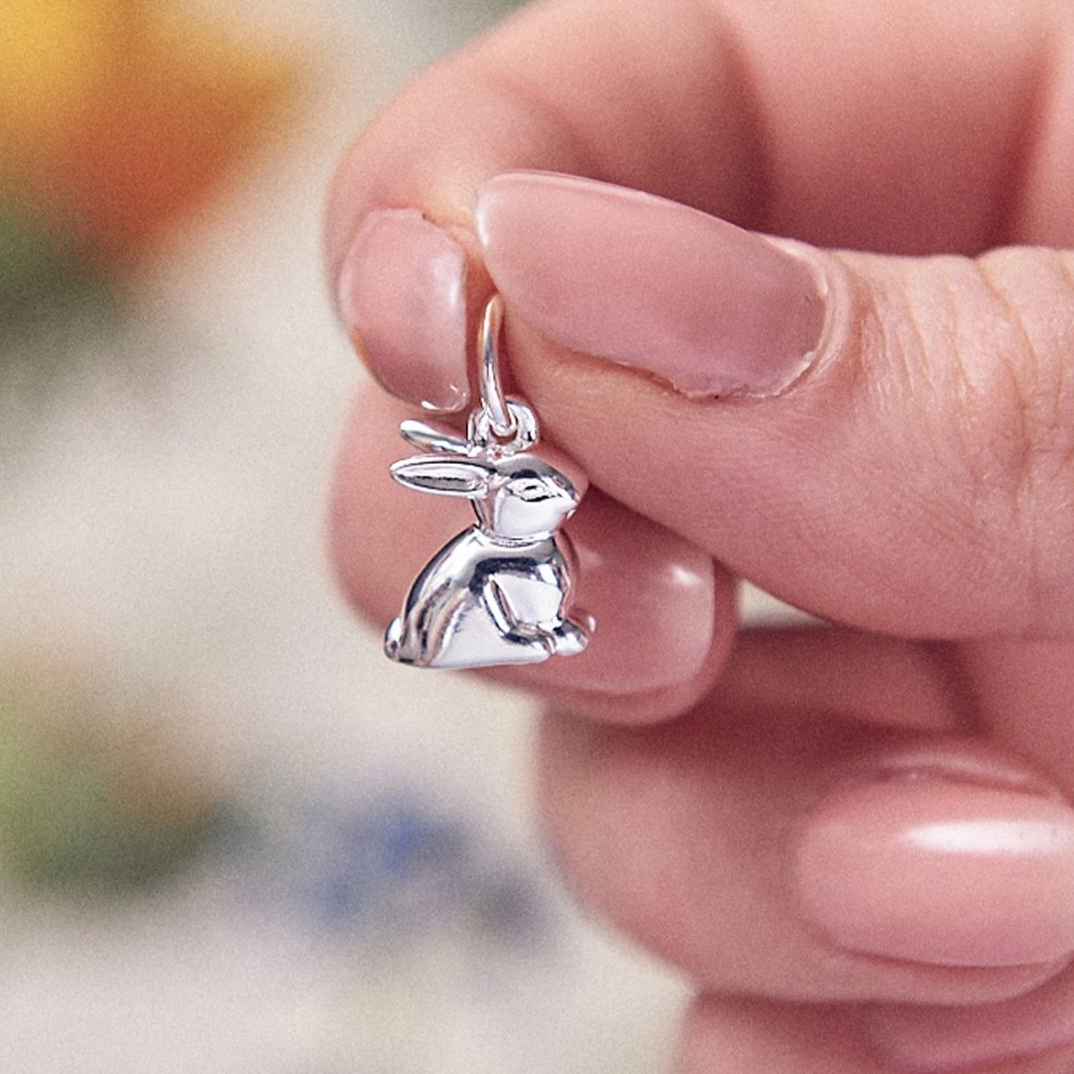 Silver bunny rabbit charm with detailed features, displayed on a soft background, by Scarlett Jewellery.