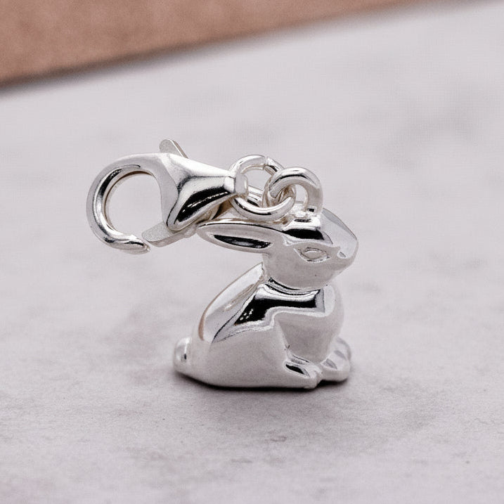 A silver bunny rabbit charm with detailed texture, shown against a soft background, by Scarlett Jewellery.