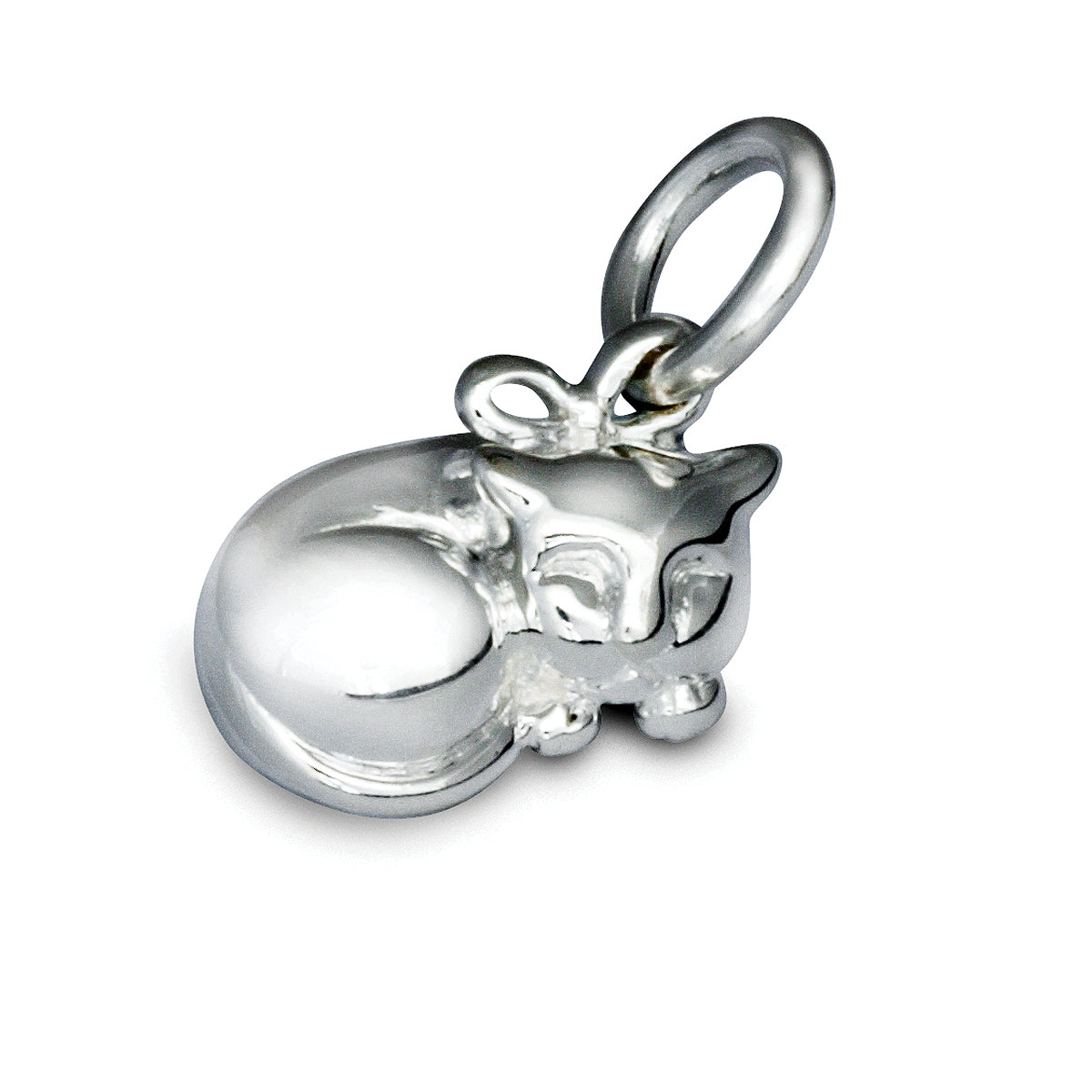 A silver cat charm with intricate detailing, displayed on a soft white background, by Scarlett Jewellery.