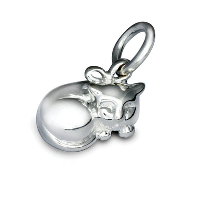 A silver cat charm with intricate detailing, displayed on a soft white background, by Scarlett Jewellery.