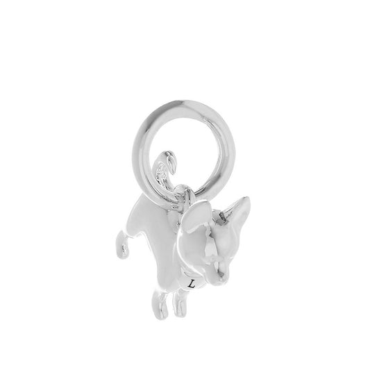 Silver chihuahua dog charm with detailed features, displayed on a soft background, by Scarlett Jewellery.