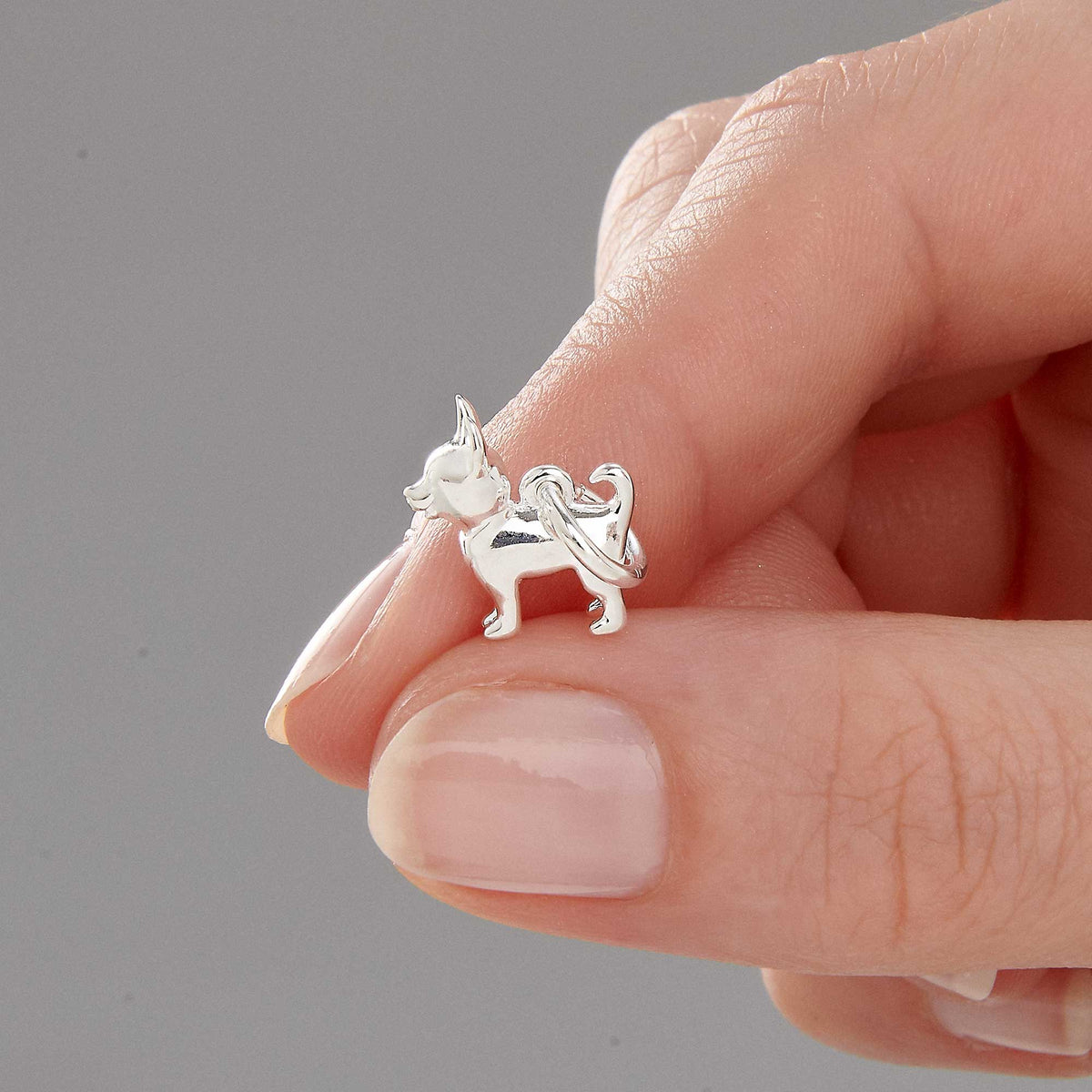 A silver chihuahua dog charm with detailed facial features by Scarlett Jewellery