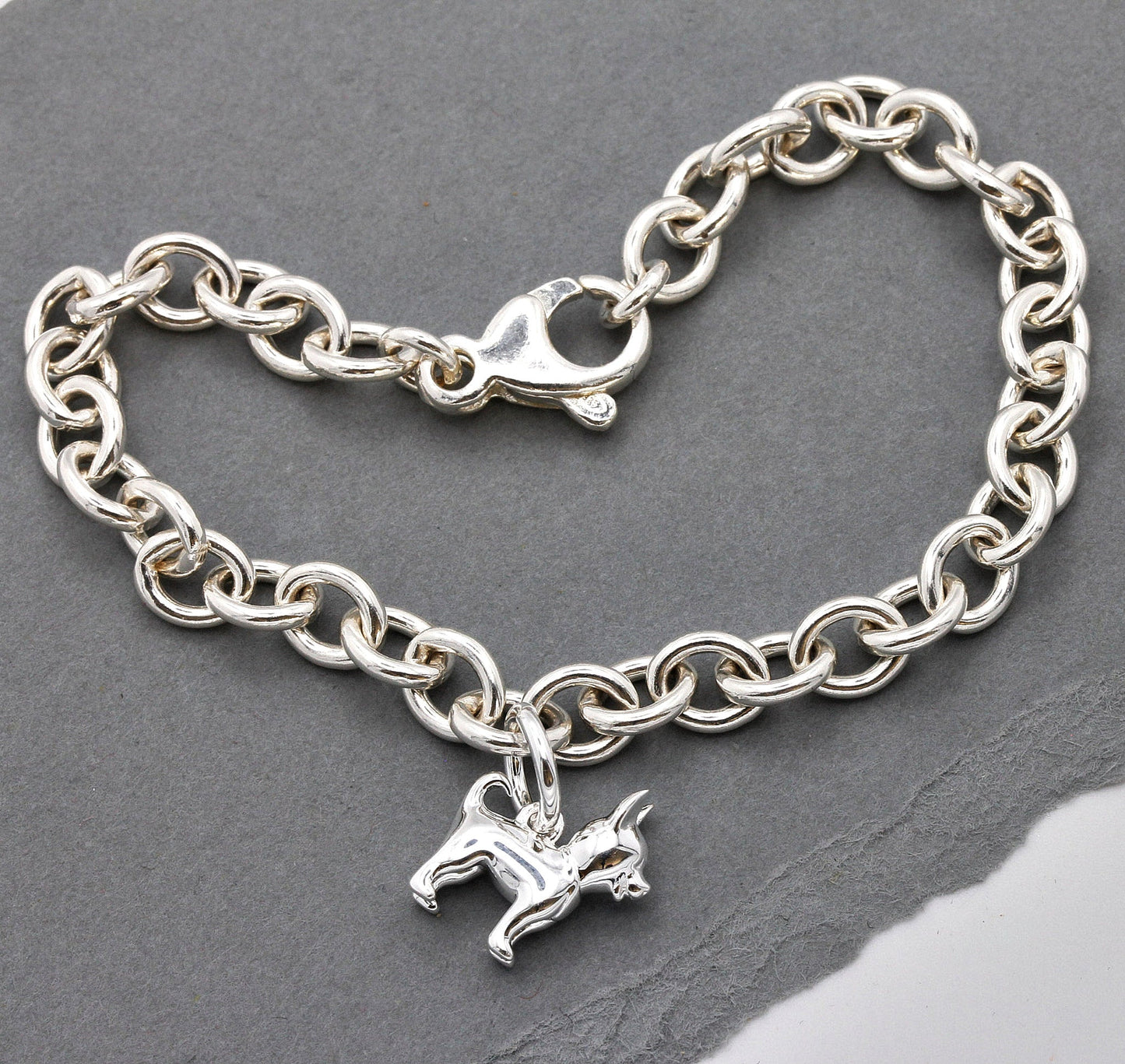 Chihuahua silver dog charm with detailed facial features by Scarlett Jewellery.