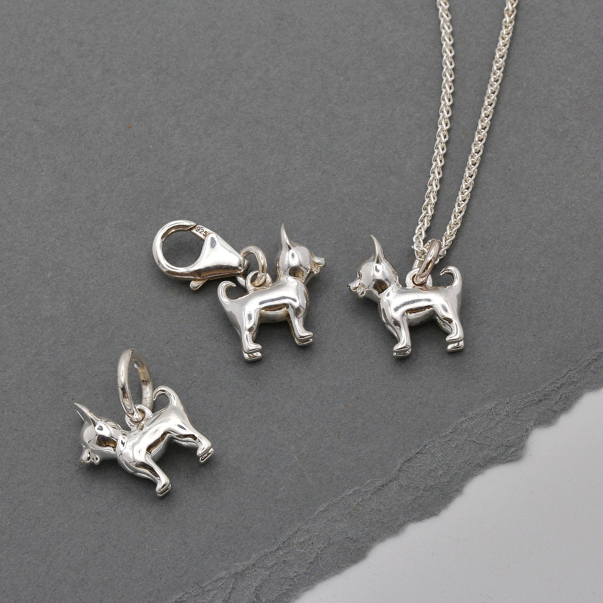 Chihuahua silver dog charm with detailed facial features by Scarlett Jewellery.