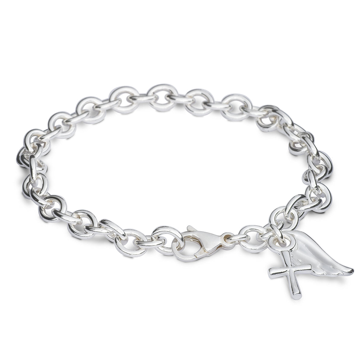 Silver charm bracelet featuring a delicate christening charm and intricate detailing by Scarlett Jewellery.