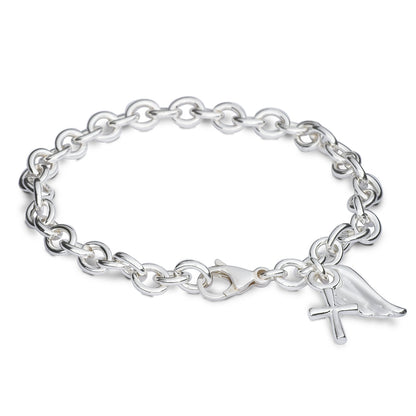 Silver charm bracelet featuring a delicate christening charm and intricate detailing by Scarlett Jewellery.