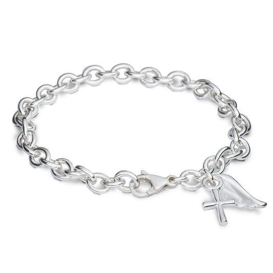 Silver charm bracelet featuring a delicate christening charm and intricate detailing by Scarlett Jewellery.