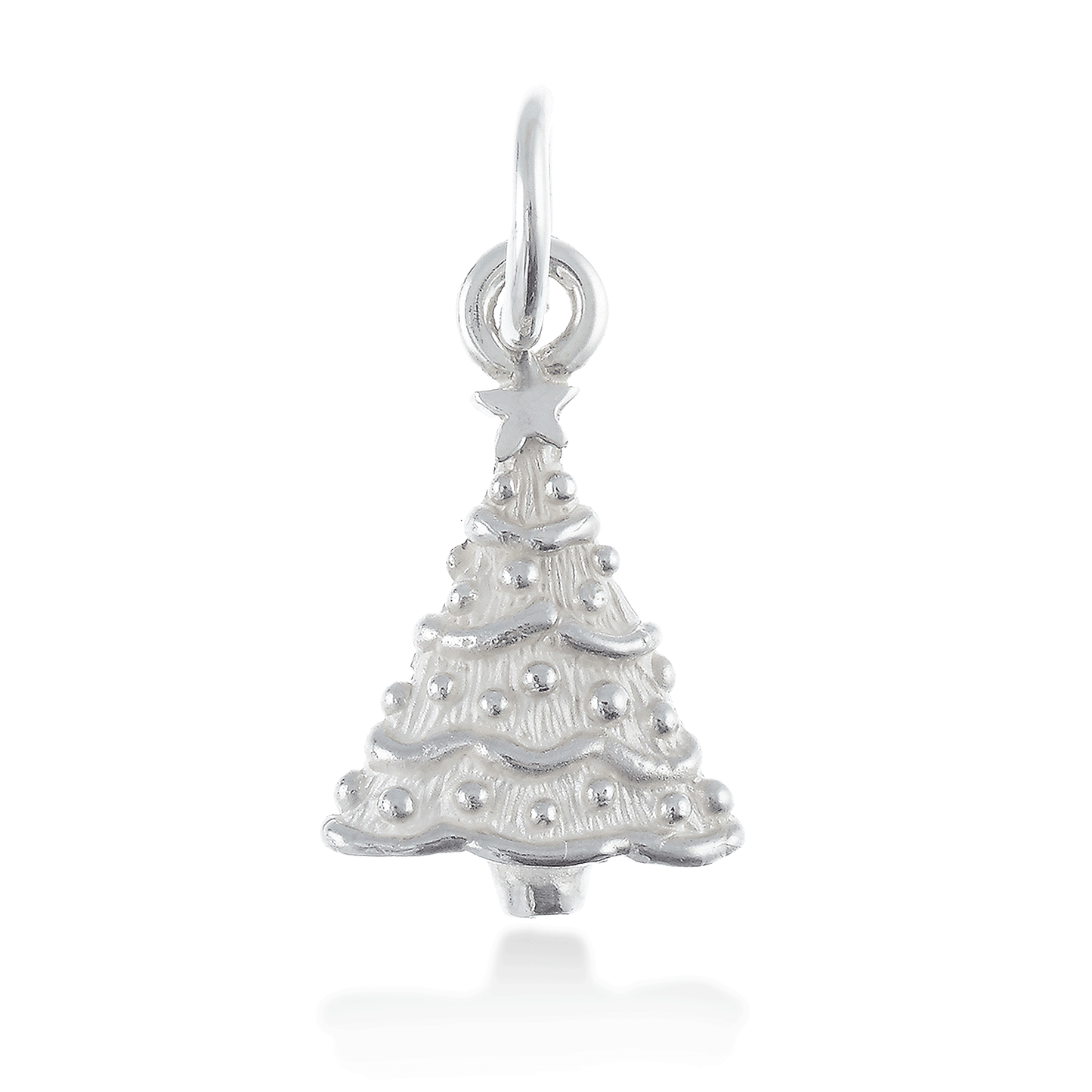 Silver personalised Christmas tree charm with engraved name and date by Scarlett Jewellery.