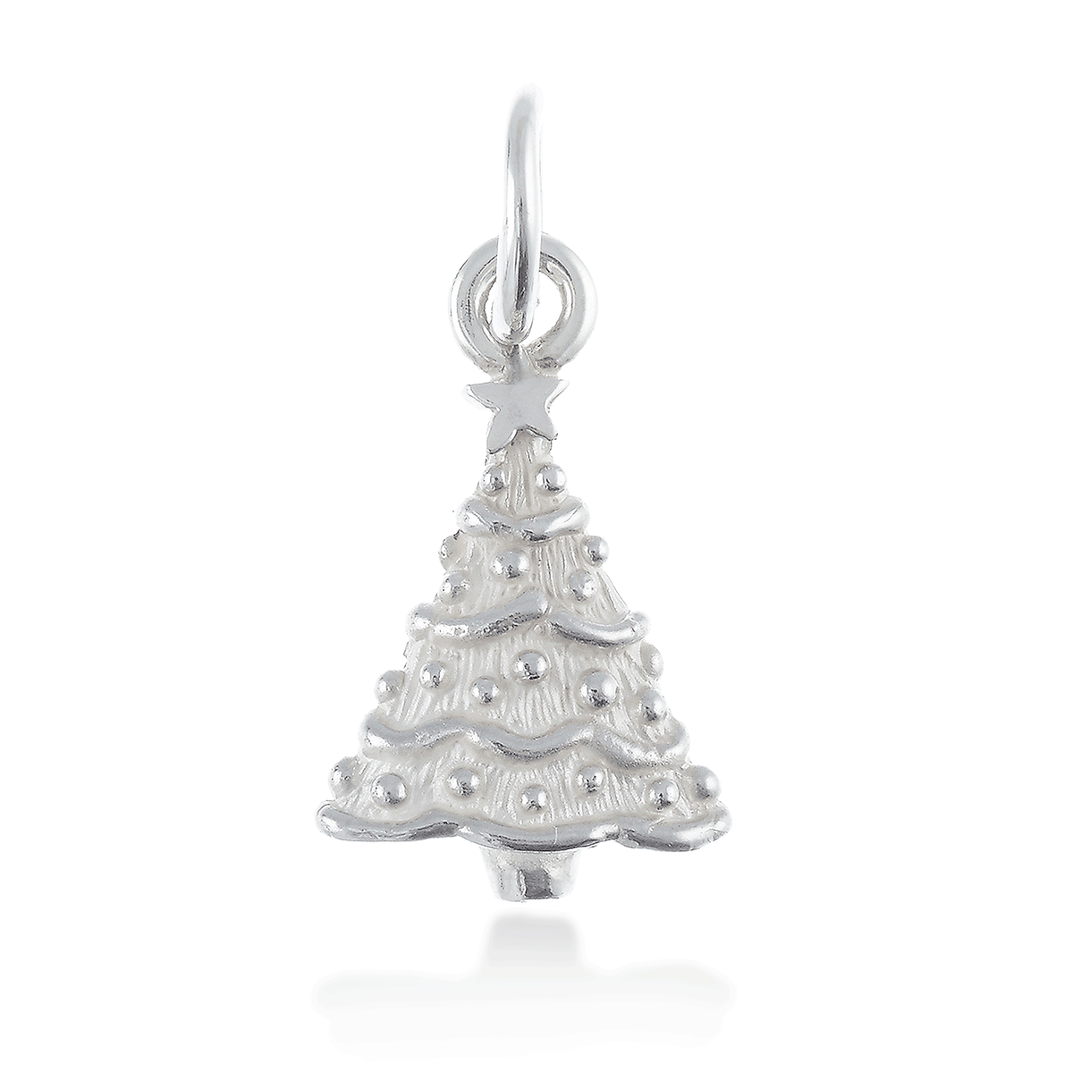 Silver personalised Christmas tree charm with engraved name and date by Scarlett Jewellery.