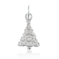 Silver personalised Christmas tree charm with engraved name and date by Scarlett Jewellery.