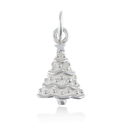 Silver personalised Christmas tree charm with engraved name and date by Scarlett Jewellery.